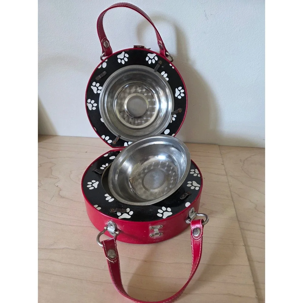 PortablePET Vintage Red Faux Leather Pet Bowl Luggage Set Dog Bone Paw Print